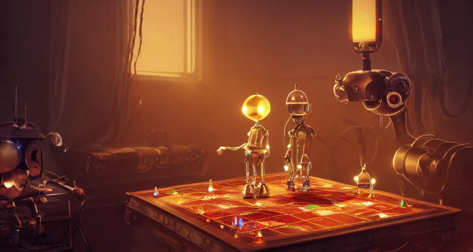 Image similar to a beautiful tapestry, a small robot playing a futuristic holographic chessgame, ultra detailed, atmospheric lighting, steampunk, moody, candles, characters from machinarium, by stanley kubrick, trending on artstation, octane render, 8 k, ultra realistic