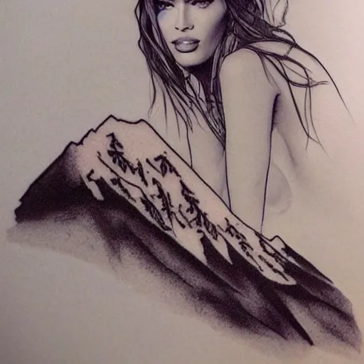 Image similar to megan fox beautiful mountains, double exposure effect, medium sized tattoo sketch, amazing detail, on pinterest