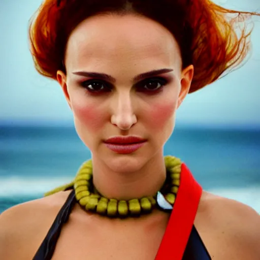 Image similar to headshot of Natalie Portman cosplaying as Nami from One Piece standing on a beach, cosplay, close up, photo by Sarah Moon