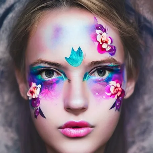 Image similar to hyper realistic good proportions beautiful young woman girls face fashion model with pastel colored flowers, geometric festival face paint, art fashion photography, smooth, elegant