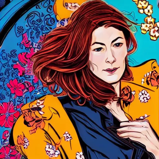 Prompt: rosamund pike with dark - hair as the doctor, wearing a colourful floral pattern three - piece suit, complementary colours, 2 d matte, graphic novel, art by joe madureira and alan davis,