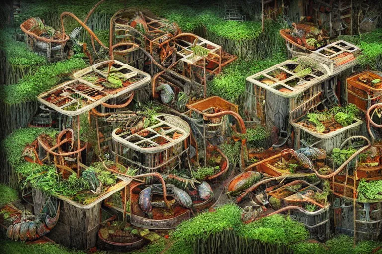 Prompt: favela lobster labyrinth hive, wooded environment, industrial factory, soothing, whimsical, award winning art, epic dreamlike fantasy landscape, ultra realistic,