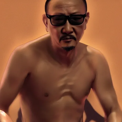 Image similar to a photorealistc digital art of jiang wen shows his muscle, full body, award winning photography, trending on artstation