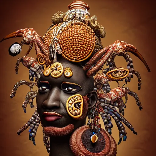 Prompt: elegba eshu the yoruba god with cowrie shells for eyes writing a poem, insanely detailed and intricate, golden ratio, hypermaximalist, elegant, ornate, luxury, elite, James jean, Brian froud, ross tran, realistic 3D, hyper realistic, super detailed, realistic octane render, 8K, fashion photogra