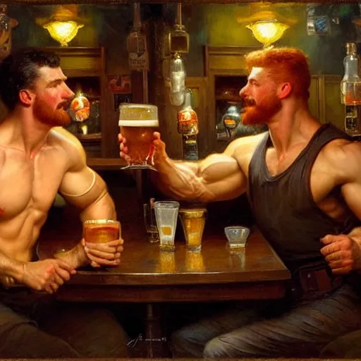 Image similar to attractive muscular mike with ginger hair with muscular attractive tyler with brunet hair, drinking their hearts out, in a pub. very defined and highly detailed painting by gaston bussiere, j. c. leyendecker, craig mullins 8 k