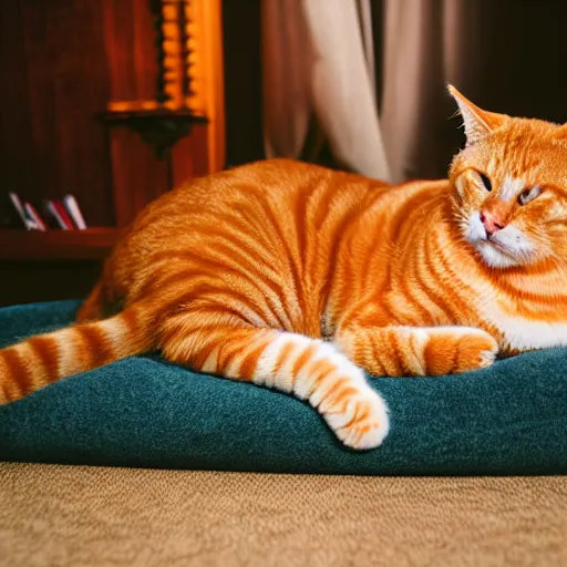 Image similar to realistic orange tabby cat lying in a sunbeam, the cat is next to a pile of D&D polyhedral dice, the cat is sleeping with closed eyes, eyes closed, award-winning photography, cozy, golden hour