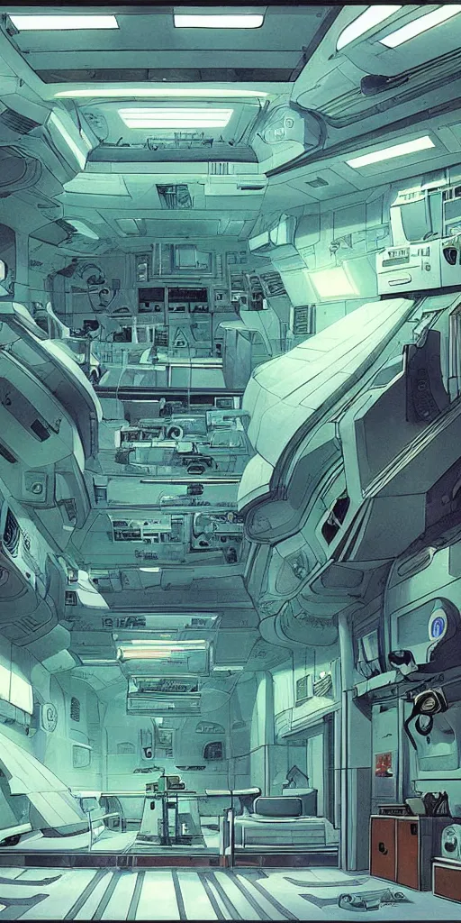 Prompt: spaceship medic room , mysterious laboratory, thick green mist, low ceiling, cables hanging from ceiling, thick cables on ground, god rays of light, huge computer screens, neons, saturated top light , epic scene, scifi, illustration, art by Juan Giménez and moebius