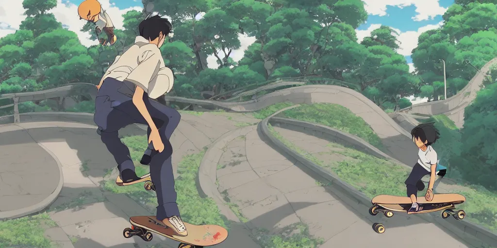 Prompt: a beautiful movie still in the style of Studio Ghibli anime showing a skateboarder in high detail. Studio Ghibli, trending on artstation, trending on behance