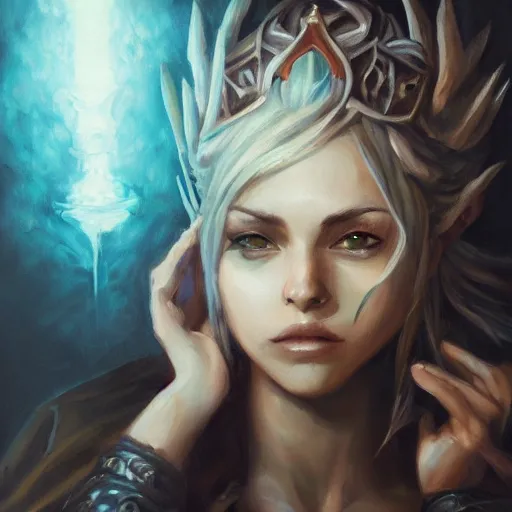 Prompt: fantasy, portrait oil painting, perfect expression, subconscious connects, purified consciousness, female, vagabond, evil, dark knight, beautiful, elegant, octopath traveler, final fantasy, gothic, artifacts