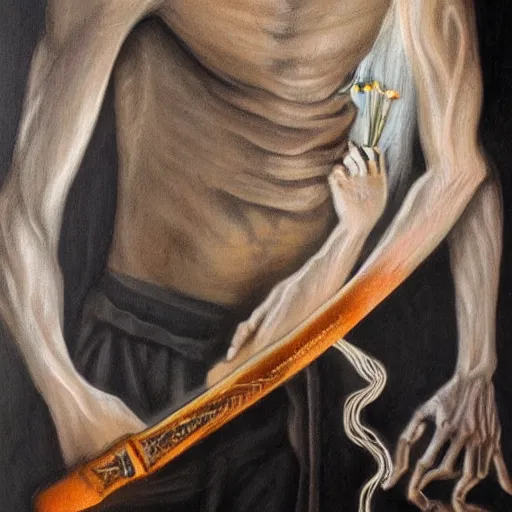 Image similar to fantasy painting of a pale man with a black blade covered in runes, painted by Michael Whalen, ultra detailed, 8k