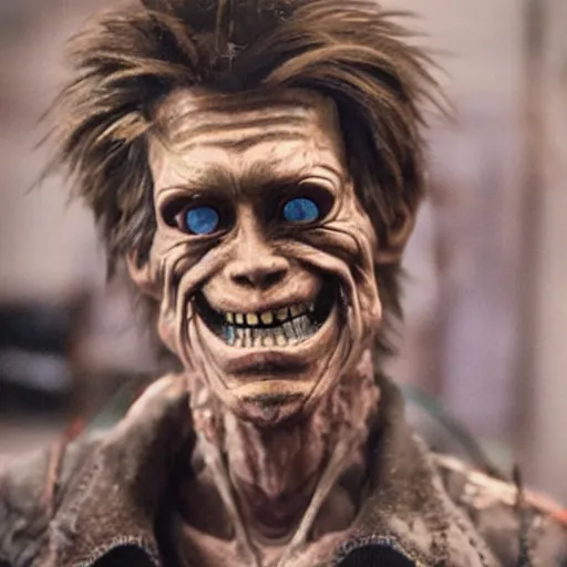 Image similar to grainy recovered photo of animatronic Willem Dafoe by Stan Winston studios trashed destroyed lying broken in a landfill post apocalyptic gloom discarded exposed inner machinery detailed