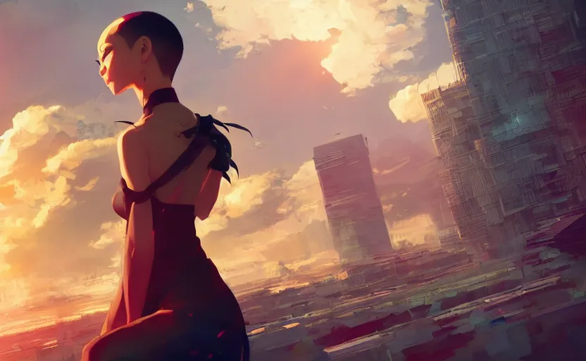 Image similar to beautiful Vietnamese woman, sci-fi fashion, buzz cut hair, scene of a city, dramatic light, wide angle, dramatic pose, dramatic angle , 8k hdr pixiv by Makoto Shinkai and Wojtek Fus