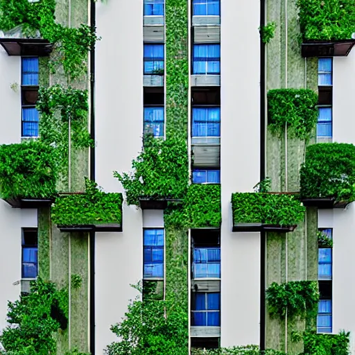 Image similar to apartment building with private patios facing away from each other, futuristic, verdant, in the style of mobius