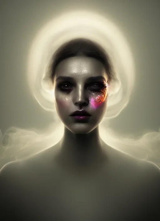 Image similar to an ethereal, smoky portrait of a woman whose face is covered with glowing makeup. the makeup floats off her face and joins swirling clouds of smoke and fog. surreal portrait, concept art, cinematic lighting, 8 k, sharp focus, digital painting, rendered in octane, painted by tom bagshaw, artgerm