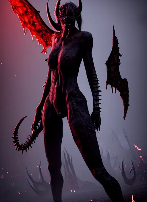 Image similar to female demon by Felix englund, full body, detailed, 8k, dark, trending on artstation, felix englund style, high resolution, Rutkowski , Sung Choi , Mitchell Mohrhauser, Maciej Kuciara, Johnson Ting, Maxim Verehin, Peter Konig, Bloodborne, 8k photorealistic, cinematic lighting, HD, high details, dramatic, atmospheric, elegant, facing front, from front