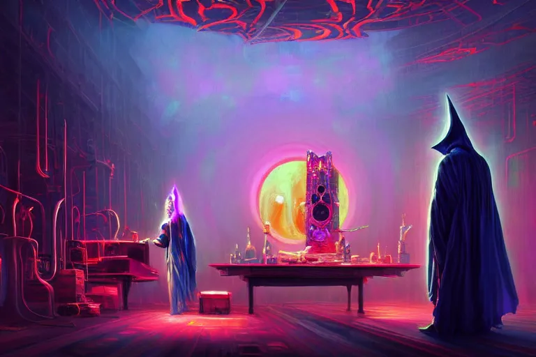 Image similar to a highly detailed beautiful masterpiece painting of a technomancer wizard in robes with pointed hood discussing sentience with his synthesized AI djinn in his laboratory near a computer by Remedios Varo and Anato Finnstark and Greg Rutkowski, dayglo pink, dayglo blue, dazzle camouflage, 8k, trending on ArtStation, rendered in Octane, volumetric lighting