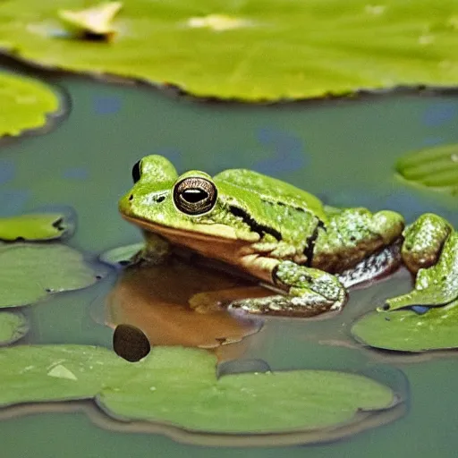 Image similar to close - up of a frog wearing a small crown, in the pond with water lilies, shallow depth of field, highly detailed, autumn, rain, bad weather, ominous, digital art, masterpiece, matte painting, sharp focus, matte painting, by isaac levitan, by monet, asher brown durand,