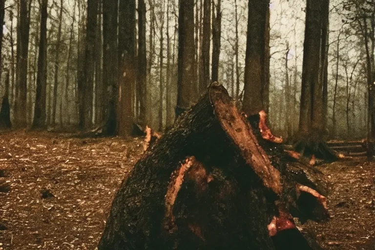 Image similar to terrible dark forest in the depths of which there is a thick butcher in a dirty shirt, chopping meat on a wooden stump, filmed hidden on a phone camera, Cinematic, wildlife photography, 35mm, photo on iphone