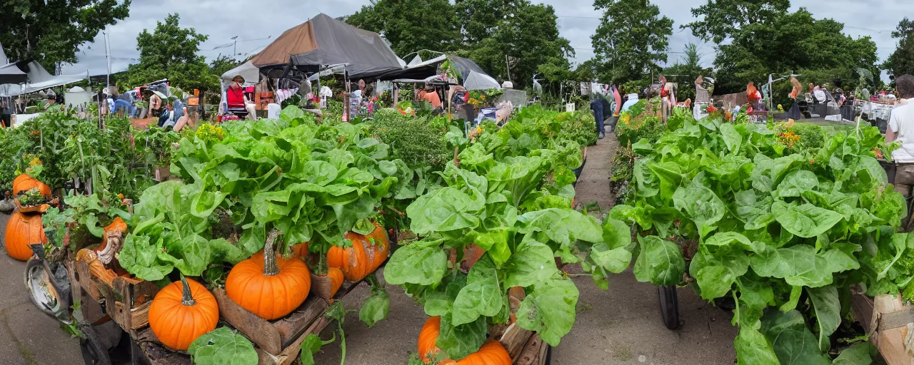 Prompt: coburg farmer's market, with snail-shaped biomimetic architecture, harvesting capsicums, lettuce, silverbeet, hemp, and pumpkin vines, vertical vegetable and fruit gardens, in a village street, with beautiful dome houses in the background XF IQ4, 150MP, 50mm, F1.4, ISO 200, 1/160s, natural light