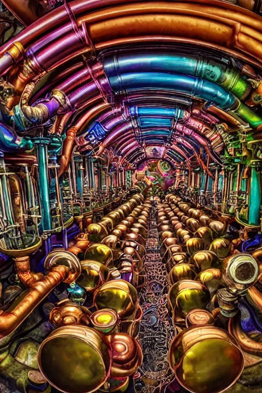 Image similar to beautiful matte colorful steampunk large room filled with steampipes and valves by alex grey