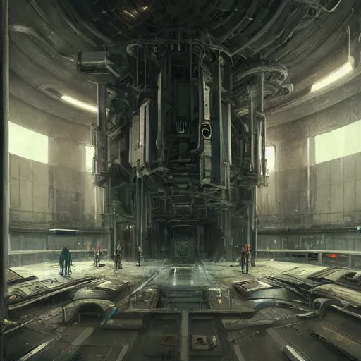 Image similar to scifi art by Greg Rutkowski, the ship's reactor room, large, brutalist and ominous, produces a mixture of agoraphobia and claustrophobia, claustrophobic and futuristic environment, detailed and intricate environment, high technology, digital painting, artstation, concept art, smooth, sharp foccus ilustration, Artstation HQ.