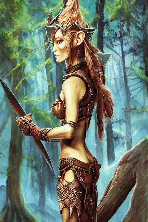 Image similar to Epic painting of a fierce female elven warrior blessed by the light of the forest