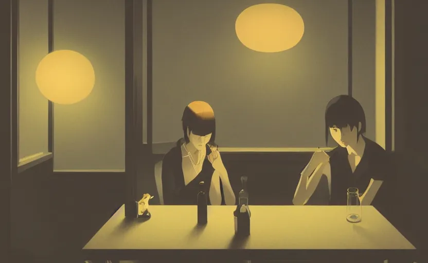 Prompt: a mysterious dimly lit dinner scene japanese digital art illustration by atey ghailan and escher and edward hopper, surreal