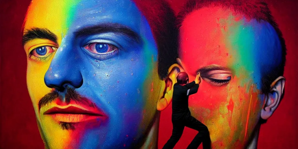 Prompt: a man being overcome by love conciseness, psychedelic dripping colors, detailed painting by painting by gottfried helnwein