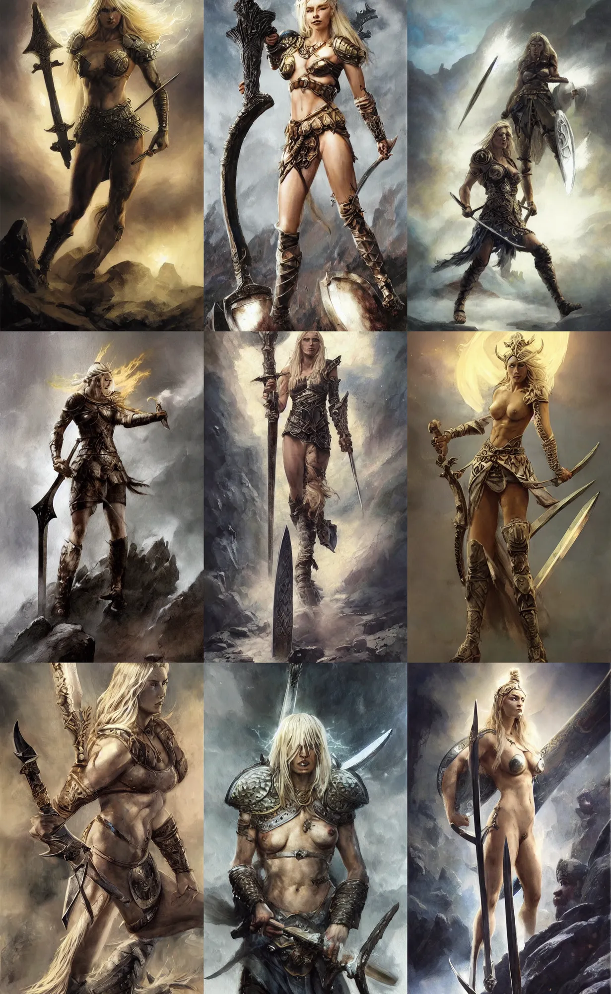 Prompt: A mixed media painting of the beautiful blonde viking goddess of war with a sword of lightning walking into battle, very aesthetic, detailed face, by Frank Frazetta, Greg Rutkowski, Boris Vallejo, Beeple, Yoko Taro, Christian MacNevin, epic fantasy character art, goddess of anger, viking runes, high fantasy, CGsociety, full length, exquisite detail, post-processing, low angle, masterpiece, cinematic, odin's stone arena background
