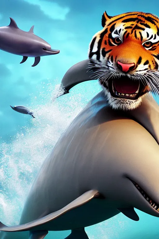 Image similar to a cute little tiger riding a dolphin, pixar, dramatic lighting, cinematic, establishing shot, extremely high detail, foto realistic, cinematic lighting, post processed, concept art, high details, cinematic, 8k resolution, beautiful detailed, photorealistic, digital painting, artstation, concept art, smooth, sharp focus, artstation trending, octane render, unreal engine