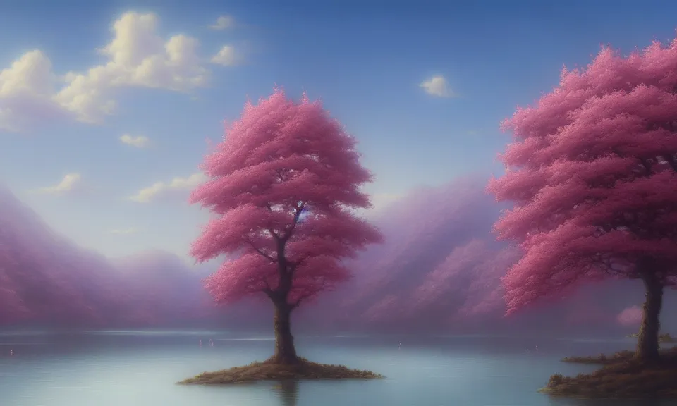 Image similar to a beautiful landscape matte painting of cherry trees with petals flying in the sky, beside a river, by christophe vacher, trending on artstation