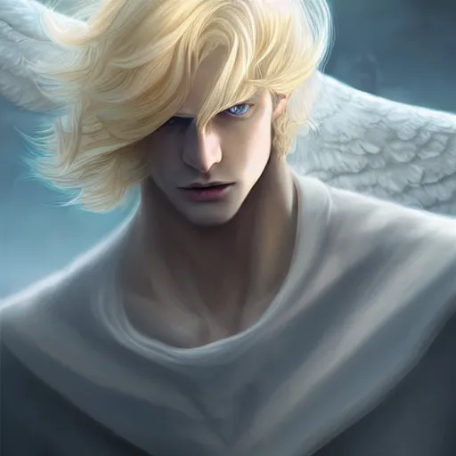 Prompt: digital art of a pale menacing male Cyborg Angel of Battle with fluffy blond curls of hair and piercing eyes, johan liebert mixed with Dante, central composition, he commands the fiery power of resonance and wrath, very very long blond curly hair with bangs, baroque curls, by rossdraws and WLOP, Artstation, CGsociety