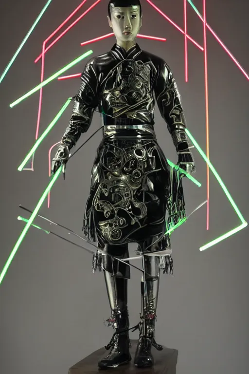 Prompt: full-body neon porcelain bladerunner style sculpture of a young handsome Japanese samurai prince as a half android with a porcelain chest opening exposing circuitry and electric sparks, glowing laser beam eyes, crown of giant diamonds, flowing neon-colored silk, fabric, raptors. baroque elements. full-length view. baroque element. intricate artwork by caravaggio. Very very very very highly detailed epic photo of face. Trending on artstation, octane render, cinematic lighting from the right, hyper realism, octane render, 8k, depth of field, 3D