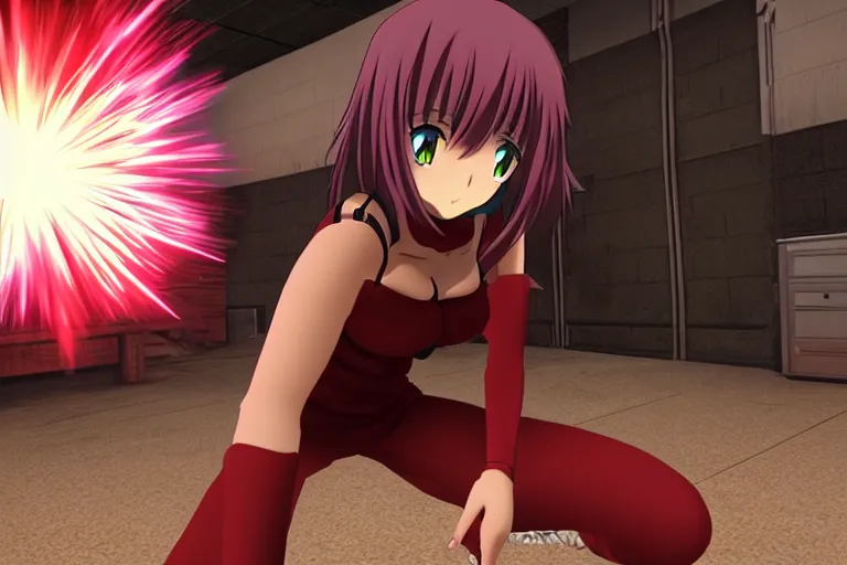 Image similar to an anime girl in a screenshot of the video game doom, the anime girl is crouching