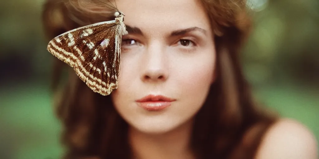 Prompt: a head and shoulders portrait of a beautiful woman with a big moth sitting on her face. Vintage photograph, bokeh, 50mm f1.4, kodak ektar