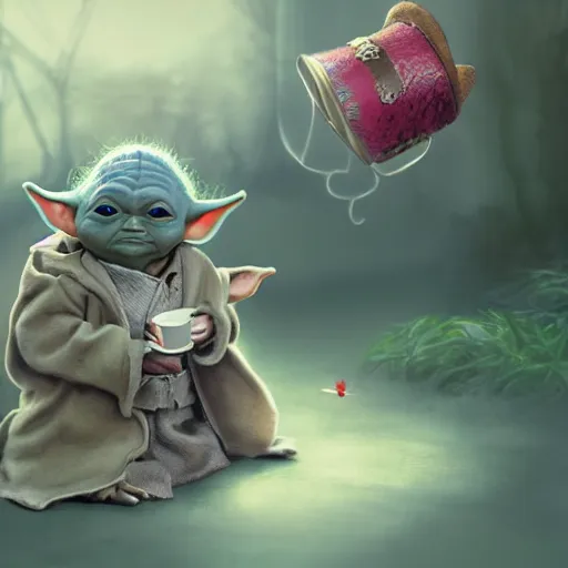 Prompt: baby yoda, tea party with the mad hatter, concept art, alice in wonderland, comic book art, matte painting, cute, trending on artstation, cinematic, highly detailed, depth of field