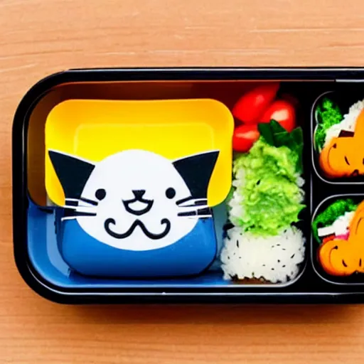 Image similar to a bento box in the shape of a cat. bright colored rush and rice make a picture of a cat in a nice little box.