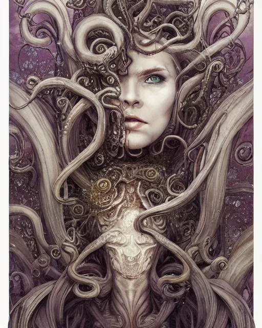 Image similar to centered beautiful detailed front view portrait of a woman with ornate tentacles growing around, ornamentation, flowers, elegant, beautifully soft lit, full frame, by wayne barlowe, peter mohrbacher, kelly mckernan, h r giger