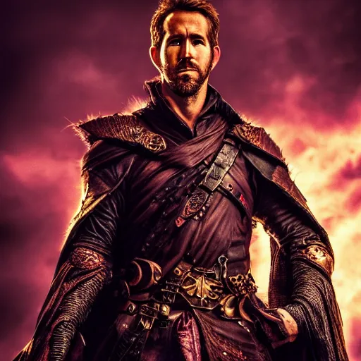 Prompt: a portrait of a Ryan Reynold as a warlock ,Grim fantasy, D&D, HDR, natural light, shoulder level shot, dynamic pose, award winning photograph, Mucha style 4k,