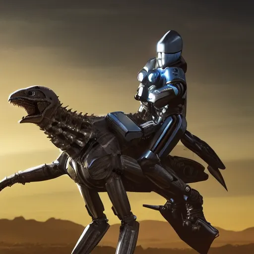 Prompt: a cyber knight riding a cyborg raptor, 8k, film still, cinematic, futuristic, sci fi, retro