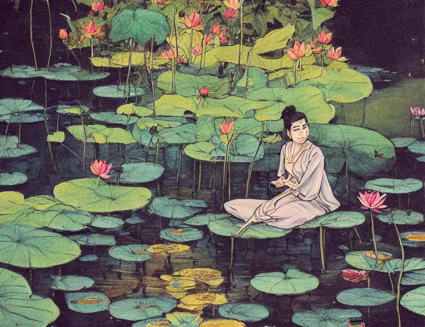 Prompt: fully clothed bard sitting next to the the lotus pond. this heavily stylized oil painting by the award - winning comic artist has interesting color contrasts, plenty of details and impeccable lighting.