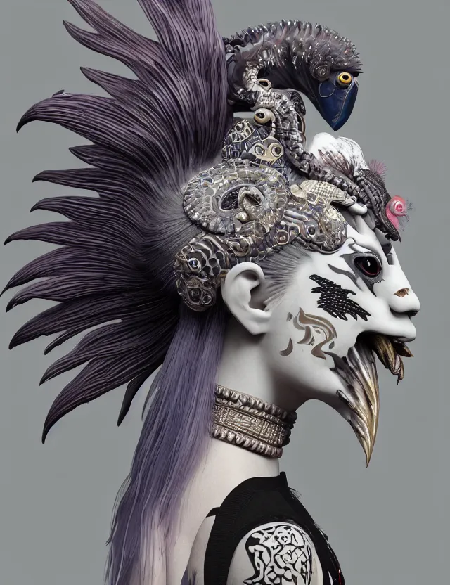 Image similar to 3 d goddess close - up profile portrait punk with mohawk with ram skull. beautiful intricately detailed japanese crow kitsune mask and clasical japanese kimono. betta fish, jellyfish phoenix, bio luminescent, plasma, ice, water, wind, creature, artwork by tooth wu and wlop and beeple and greg rutkowski