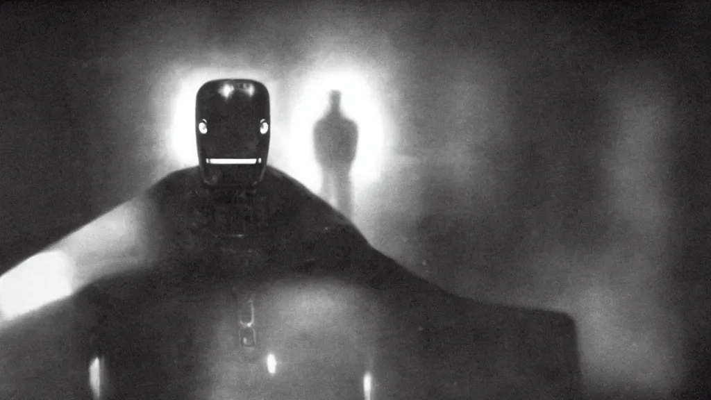 Image similar to The man with robot head, movie still, cinematic composition, cinematic light, by David Lynch