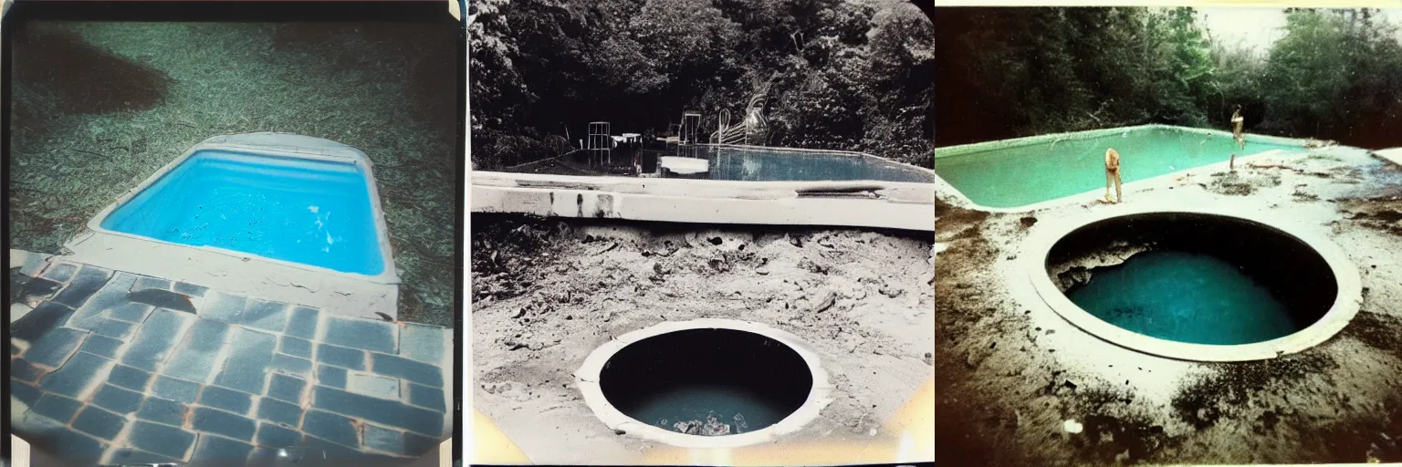 Prompt: polaroid photo of sinkhole under a pool