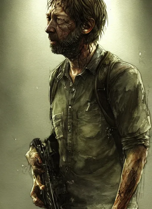 Image similar to portrait, Tom Yorke in the Last of US universe, watercolor, dramatic lighting, cinematic, establishing shot, extremely high detail, foto realistic, cinematic lighting, pen and ink, intricate line drawings, by Yoshitaka Amano, Ruan Jia, Kentaro Miura, Artgerm, post processed, concept art, artstation, matte painting, style by eddie mendoza, raphael lacoste, alex ross