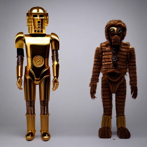 Prompt: wes anderson puppets of c - 3 p 0 with skin