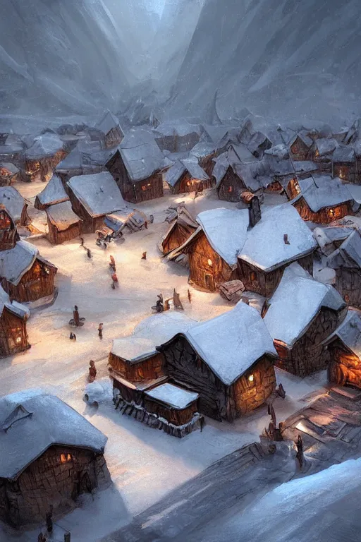 Prompt: mountain village with wooden viking houses in the snow, blizzard, landscape, raphael lacoste, eddie mendoza, alex ross, concept art, matte painting, highly detailed, rule of thirds, dynamic lighting, cinematic, detailed, denoised, centerd