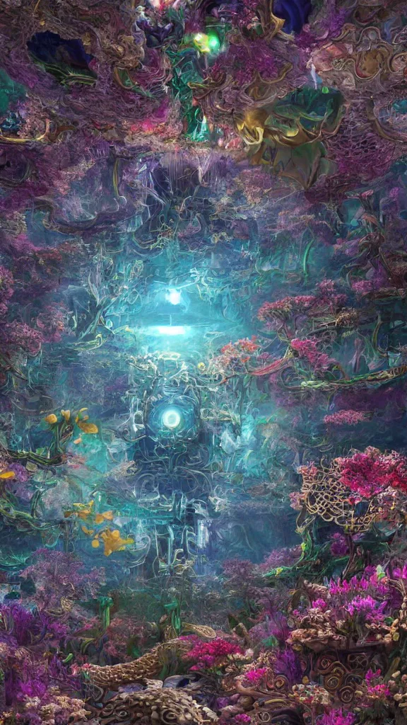 Prompt: a centered render of intricate modular synthesizer of chinese dargon, shining its light across a tumultuous sea of flowers, undersea animals and one gothic crystal temple by dorothea tanning and salvador dali, trending on artstation, cyber punk, soft color, unreal engine, high detailed, 8 k