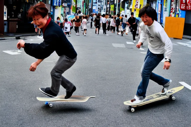 Prompt: conan is running towards freedom by skateboarding on the streets of beikacho, tokyo, japan, by aoyama gangchang.