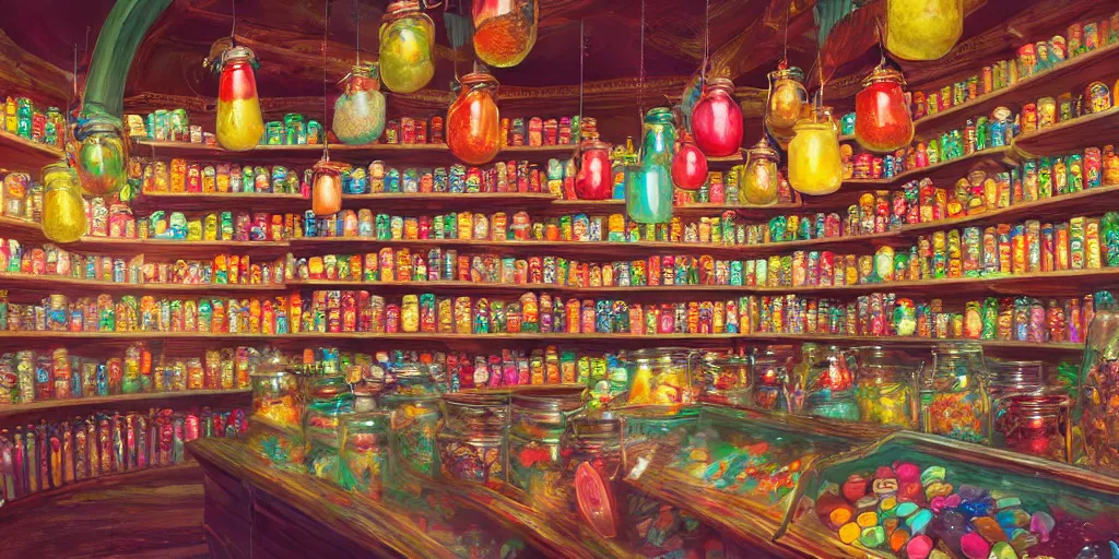 Prompt: Inside an old magical sweet shop, large jars on shelves, beautiful labels, fantasy vendor interior, wide angle, cinematic, highly detailed, rich bright colors, trending on artstation, trending on cgsociety